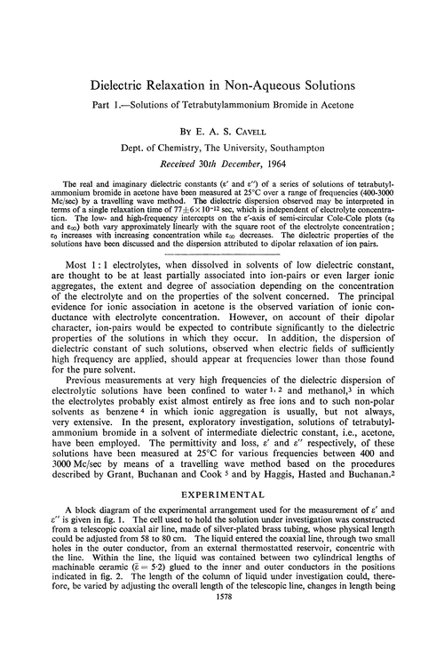 Dielectric relaxation in non-aqueous solutions. Part 1.—Solutions of tetrabutylammonium bromide in acetone