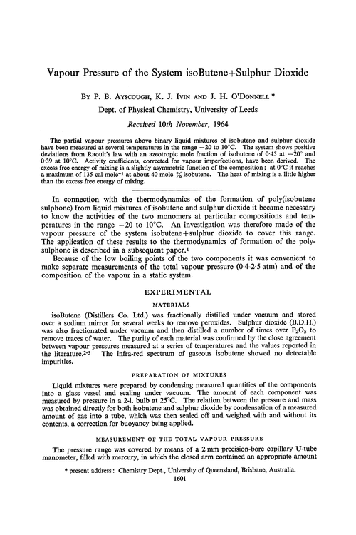 Vapour pressure of the system isobutene + sulphur dioxide