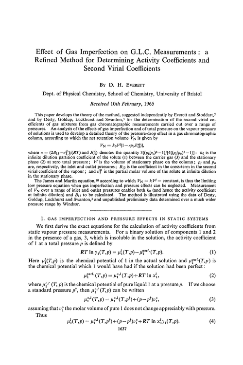 Effect of gas imperfection on G.L.C. measurements : a refined method for determining activity coefficients and second virial coefficients