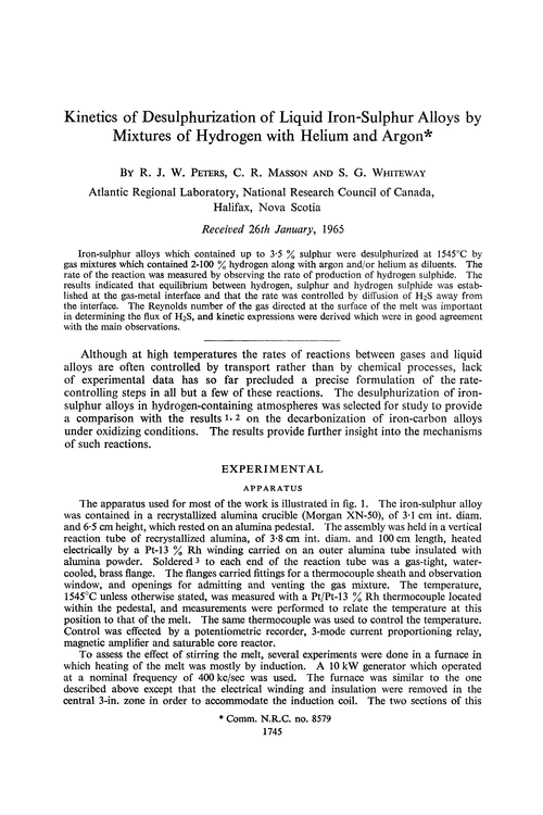 Kinetics of desulphurization of liquid iron-sulphur alloys by mixtures of hydrogen with helium and argon