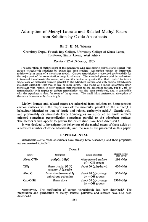 Adsorption of methyl laurate and related methyl esters from solution by oxide absorbents