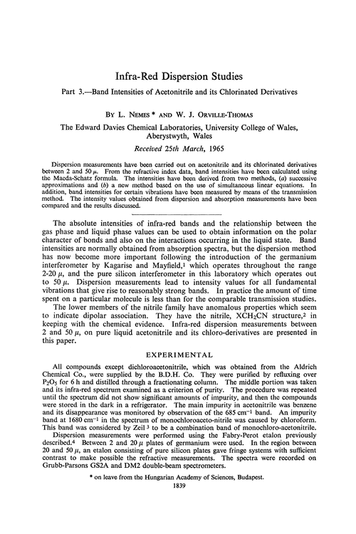 Infra-red dispersion studies. Part 3.—Band intensities of acetonitrile and its chlorinated derivatives