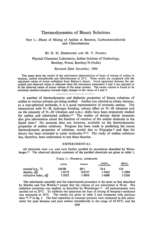 Thermodynamics of binary solutions. Part 1.—Heats of mixing of aniline in benzene, carbontetrachloride and chlorobenzene