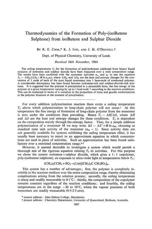 Thermodynamics of the formation of poly-(isobutene sulphone) from isobutene and sulphur dioxide