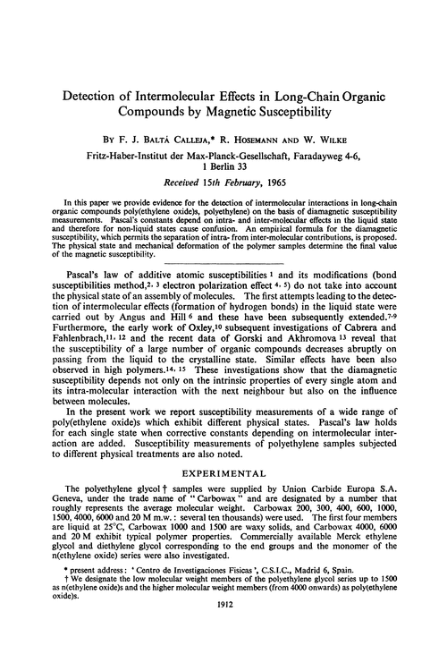 Detection of intermolecular effects in long-chain organic compounds by magnetic susceptibility