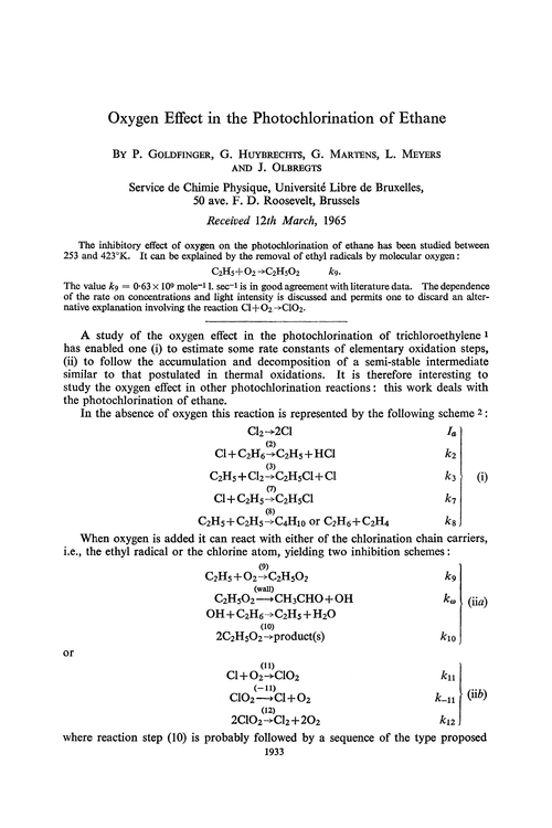Oxygen effect in the photochlorination of ethane