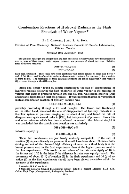 Combination reactions of hydroxyl radicals in the flash photolysis of water vapour