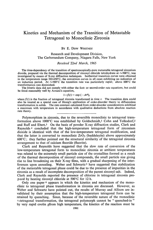 Kinetics and mechanism of the transition of metastable tetragonal to monoclinic zirconia