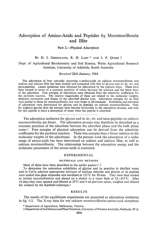 Adsorption of amino-acids and peptides by montmorillonite and illite. Part 2.—Physical adsorption