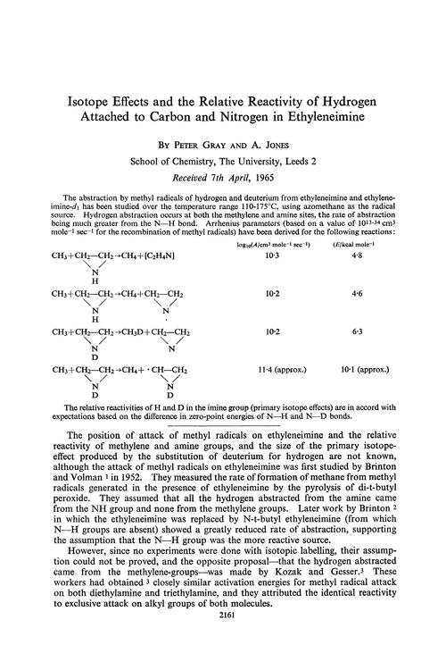 Isotope effects and the relative reactivity of hydrogen attached to carbon and nitrogen in ethyleneimine