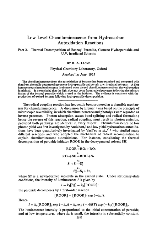 Low level chemiluminescence from hydrocarbon autoxidation reactions. Part 2.—Thermal decomposition of benzoyl peroxide, cumene hydroperoxide and u.v. irradiated solvents