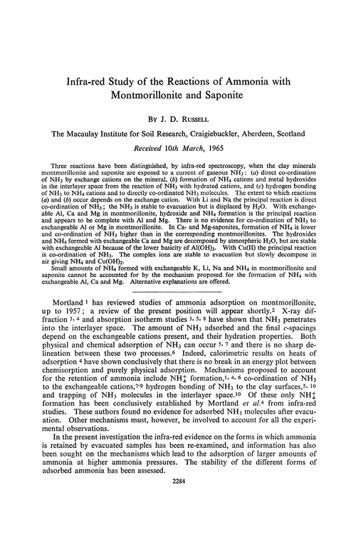 Infra-red study of the reactions of ammonia with montmorillonite and saponite