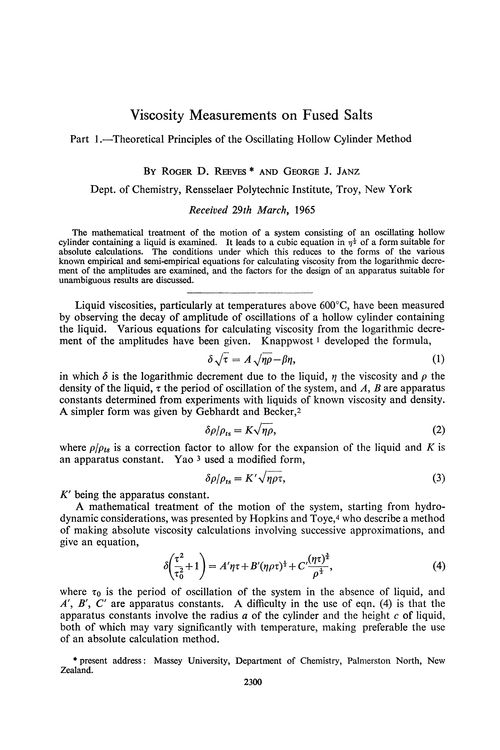 Viscosity measurements on fused salts. Part 1.—Theoretical principles of the oscillating hollow cylinder method