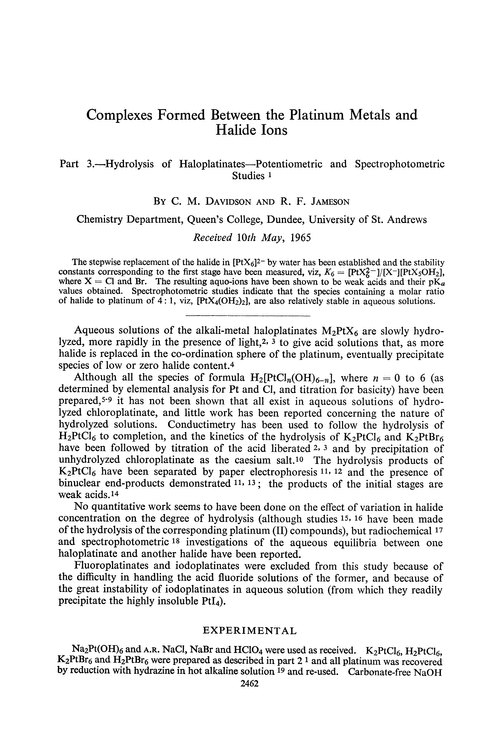 Complexes formed between the platinum metals and halide ions. Part 3.—Hydrolysis of haloplatinates—potentiometric and spectrophotometric studies