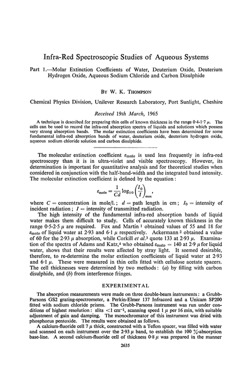 Infra-red spectroscopic studies of aqueous systems. Part 1.—Molar extinction coefficients of water, deuterium oxide, deuterium hydrogen oxide, aqueous sodium chloride and carbon disulphide