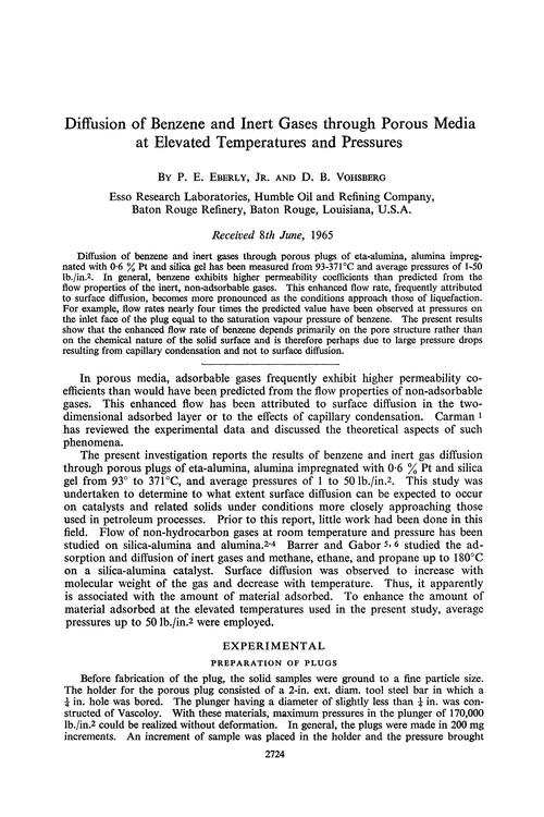 Diffusion of benzene and inert gases through porous media at elevated temperatures and pressures