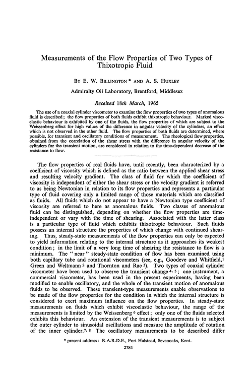 Measurements of the flow properties of two types of thixotropic fluid