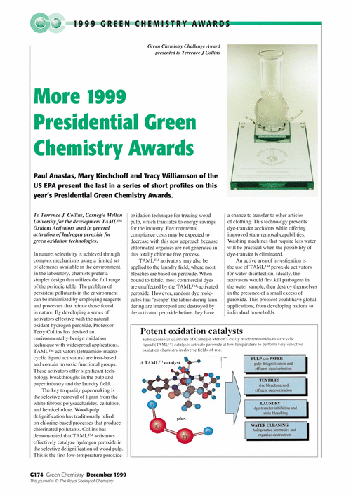 More 1999 Presidential Green Chemistry Awards