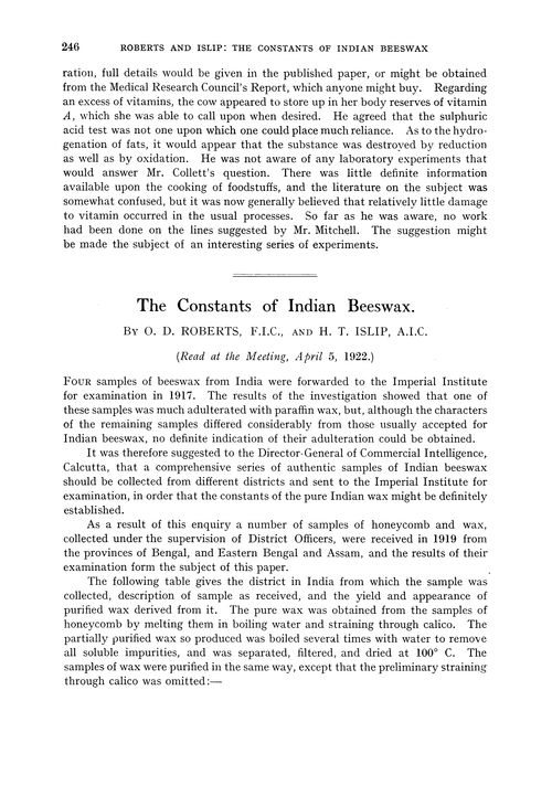 The constants of Indian beeswax