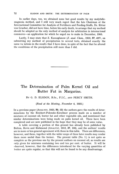 The determination of palm kernel oil and butter fat in margarine