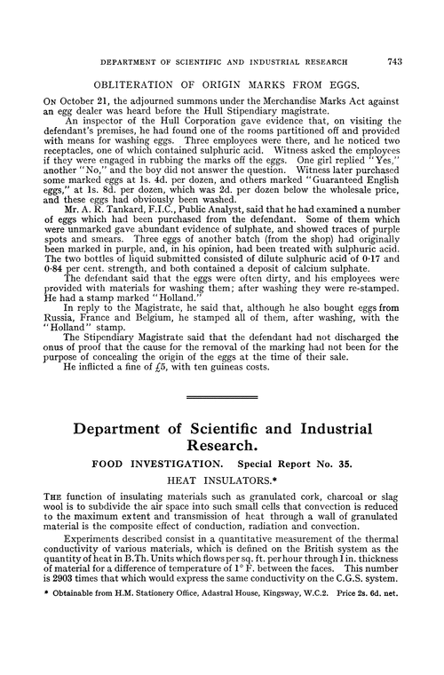 Department of Scientific and Industrial Research. Food investigation. Special Report No. 35. Heat insulators