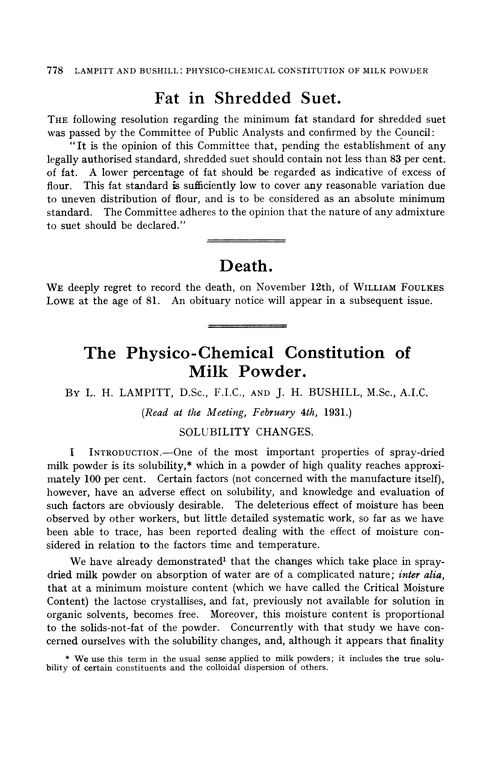 The physico-chemical constitution of milk powder