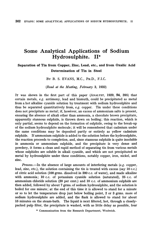 Some analytical applications of sodium hydrosulphite. II. Separation of tin from copper, zinc, lead, etc., and from oxalic acid determination of tin in steel