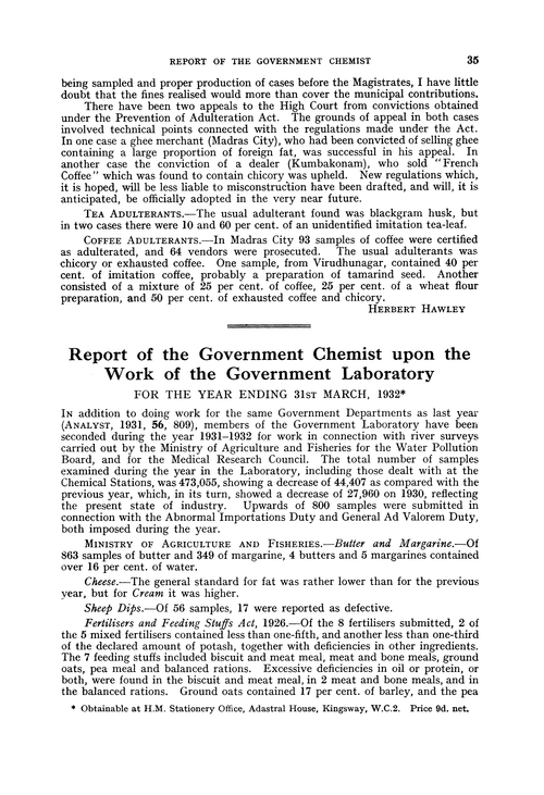 Report of the Government Chemist upon the work of the Government Laboratory. For the year ending 31st March, 1932