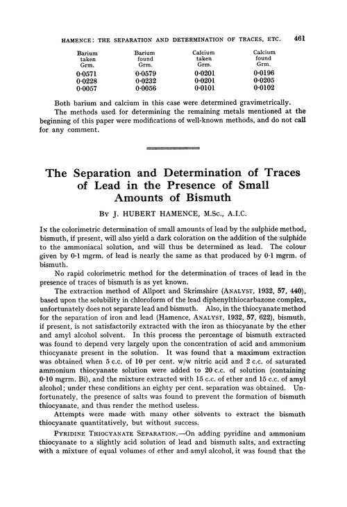 The separation and determination of traces of lead in the presence of small amounts of bismuth