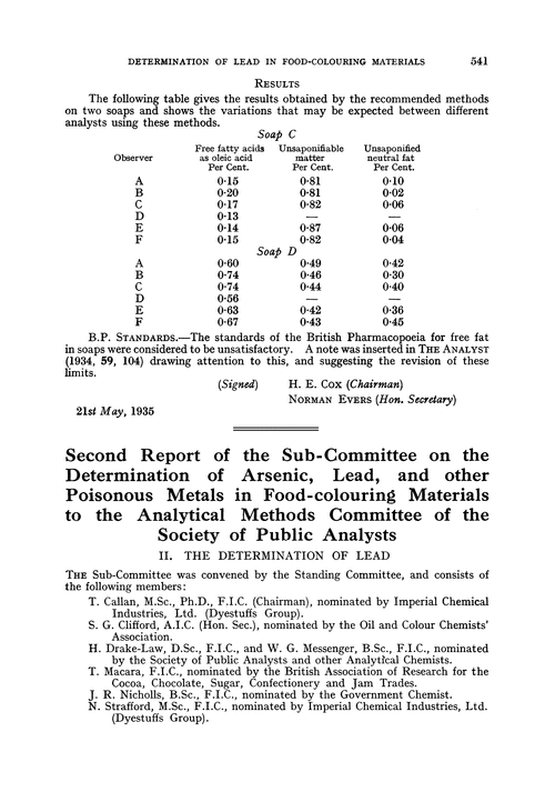Second Report of the Sub-Committee on the determination of arsenic, lead, and other poisonous metals in food-colouring materials to the Analytical Methods Committee of the Society of Public Analysts. II. The determination of lead
