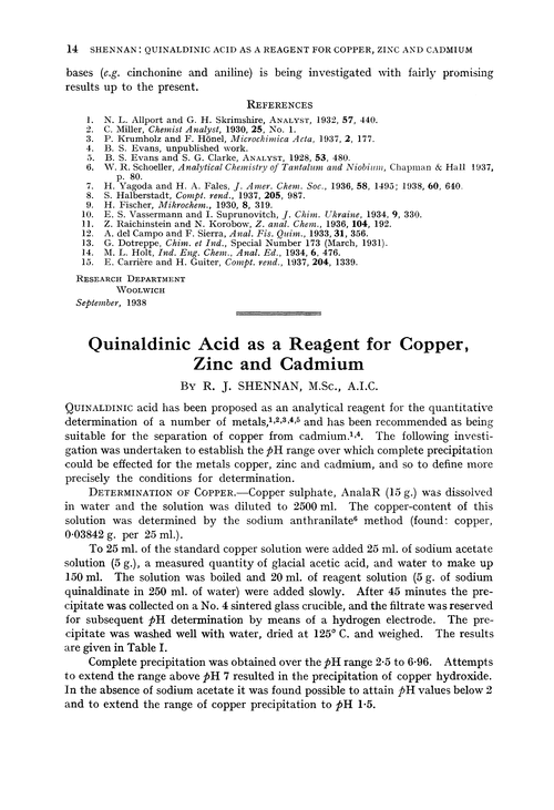 Quinaldinic acid as a reagent for copper, zinc and cadmium
