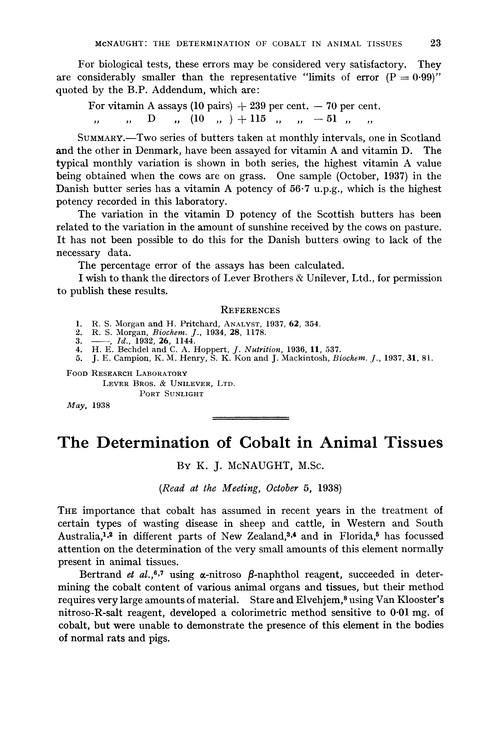 The determination of cobalt in animal tissues