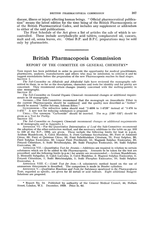 British Pharmacopoeia Commission. Report of the Committee on General Chemistry