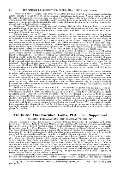 The British Pharmaceutical Codex, 1934. Fifth Supplement. Quinine preparations and Cumulative Index