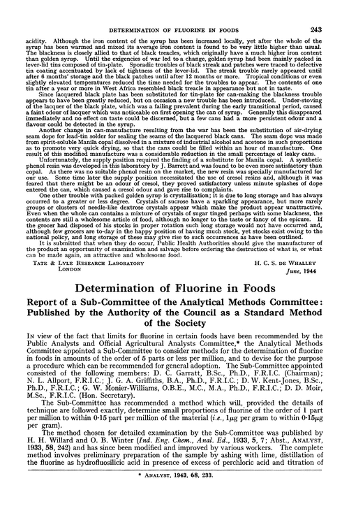 Determination of fluorine in foods—Report of a Sub-Committee of the Analytical Methods Committee: published by the Authority of the Council as a Standard Method of the Society