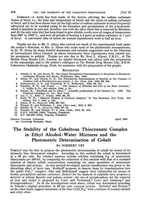 The stability of the cobaltous thiocyanate complex in ethyl alcohol-water mixtures and the photometric determination of cobalt