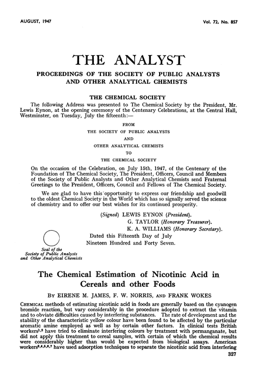 The chemical estimation of nicotinic acid in cereals and other foods