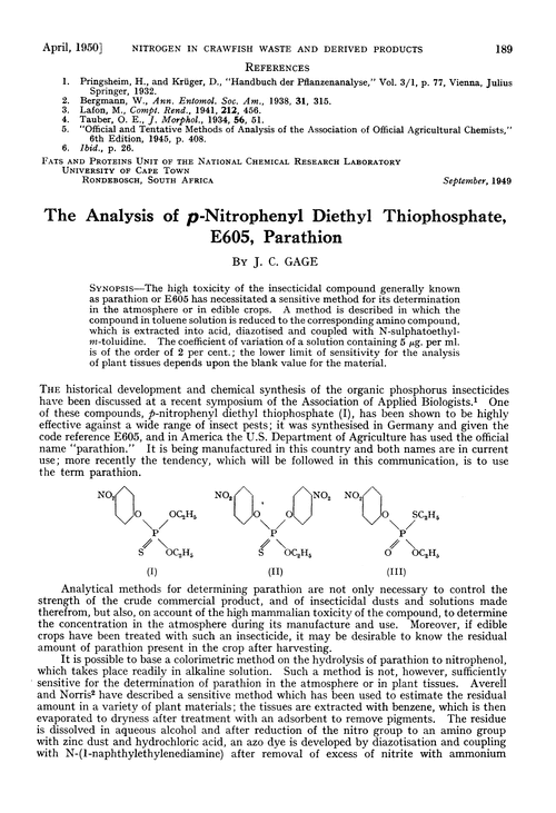 The analysis of p-nitrophenyl diethyl thiophosphate, E605, parathion
