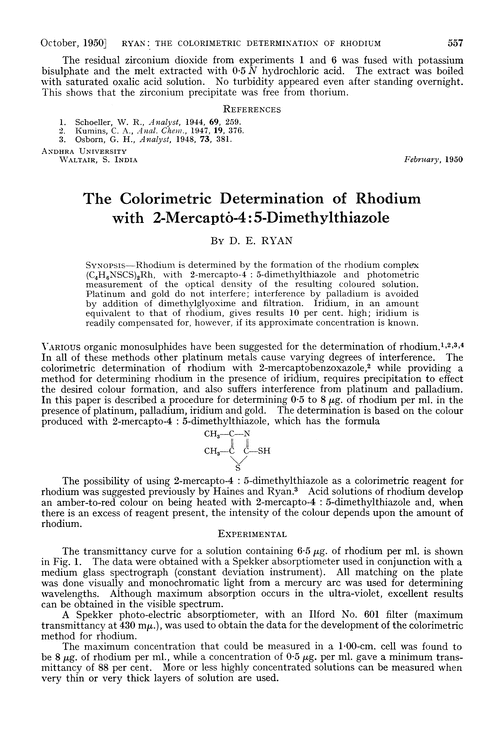 The colorimetric determination of rhodium with 2-mercapto-4:5-dimethylthiazole