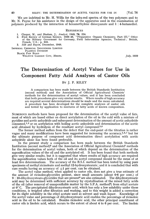 The determination of acetyl values for use in component fatty acid analyses of castor oils
