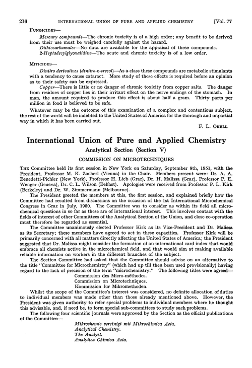 International Union of Pure and Applied Chemistry. Analytical Section (Section V). Commission on microtechniques