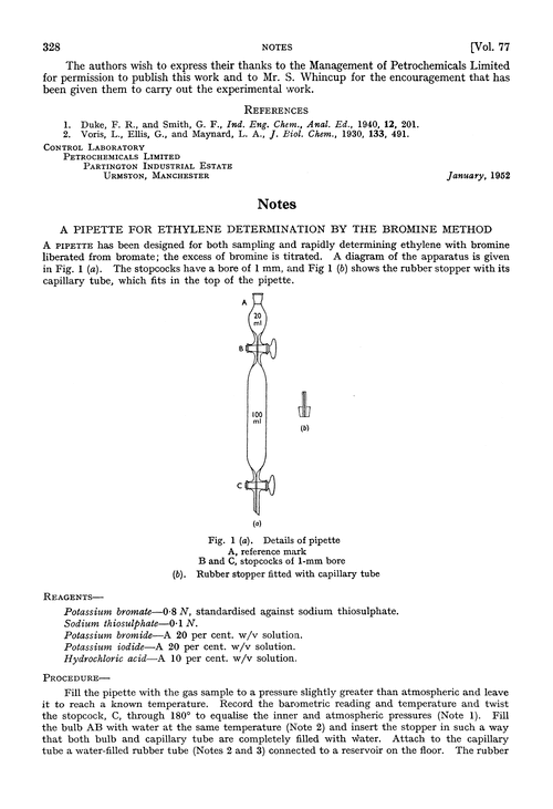 Notes. A pipette for ethylene determination by the bromine method