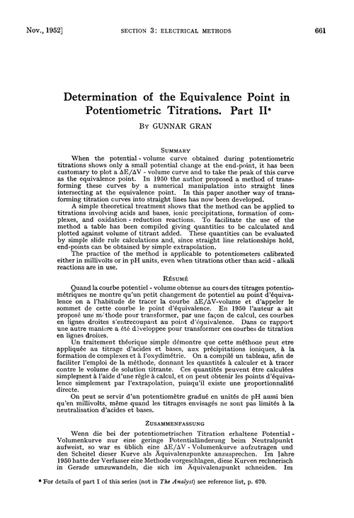Determination of the equivalence point in potentiometric titrations. Part II