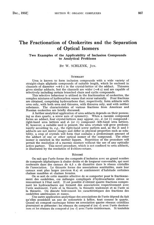 The fractionation of ozokerites and the separation of optical isomers. Two examples of the applicability of inclusion compounds to analytical problems