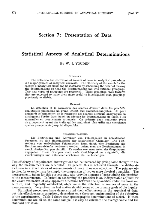 Section 7: presentation of data. Statistical aspects of analytical determinations