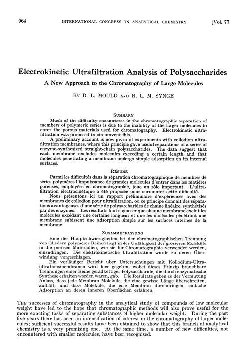 Electrokinetic ultrafiltration analysis of polysaccharides. A new approach to the chromatography of large molecules