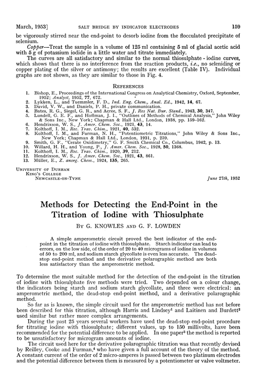 Methods for detecting the end-point in the titration of iodine with thiosulphate