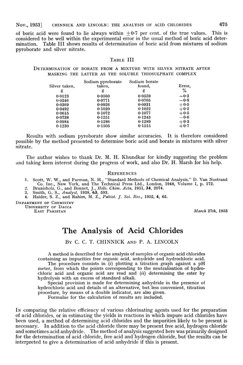 The analysis of acid chlorides