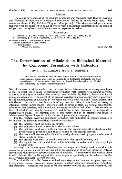 The determination of alkaloids in biological material by compound formation with indicators