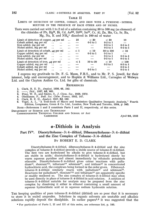 o-Dithiols in analysis. Part IV. Diacetyltoluene-3:4-dithiol, dibenzoyltoluene-3:4-dithiol and the zinc complex of toluene-3:4-dithiol